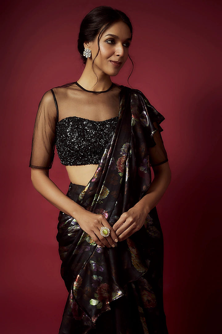 Black Recycled Satin Printed Pre-Draped Saree Set