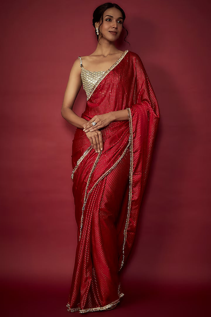 Red Recycled Polyester Fringe Saree Set
