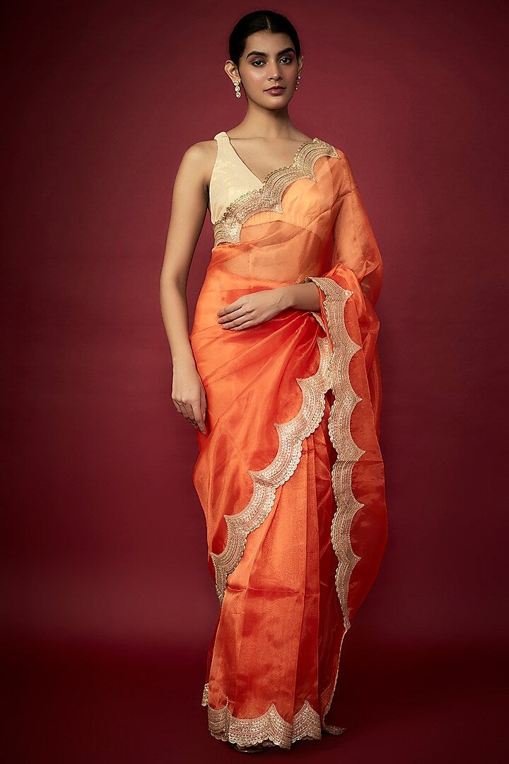 Orange Organza Metallic Embroidered Saree Set