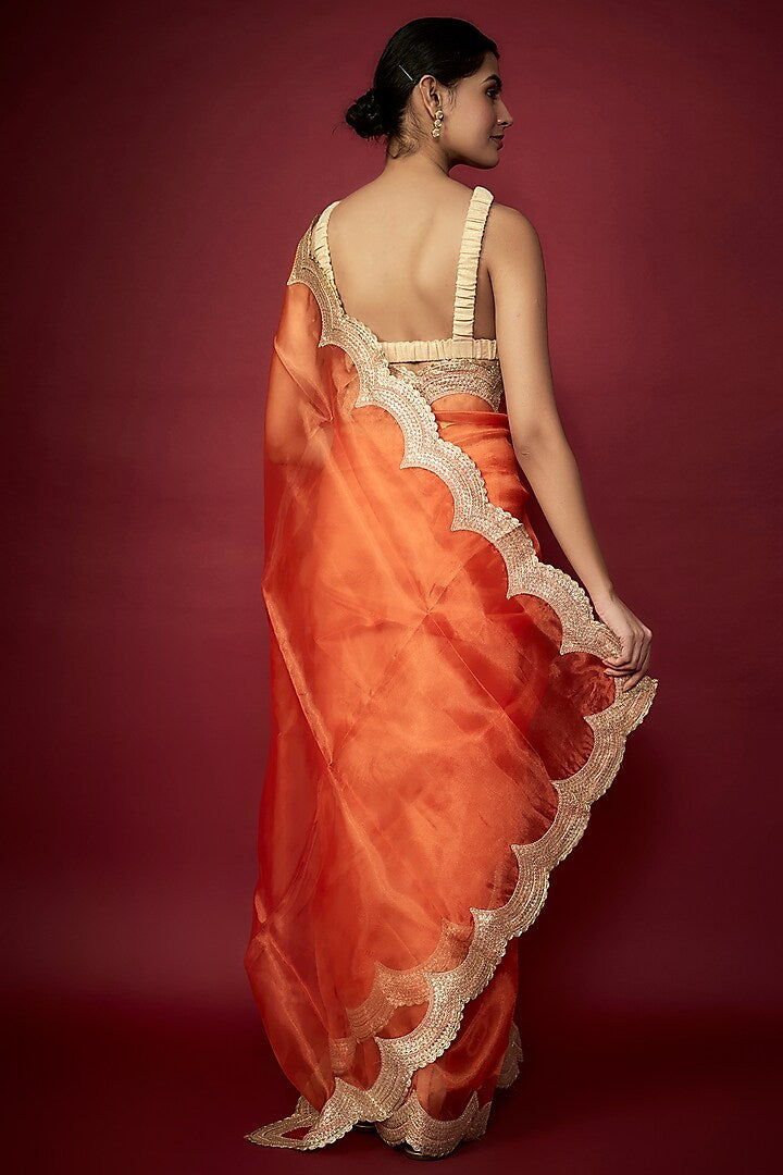 Orange Organza Metallic Embroidered Saree Set