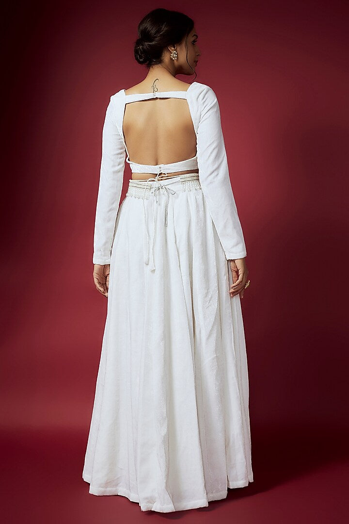 White Recycled Polyester & Velvet Lehenga Set