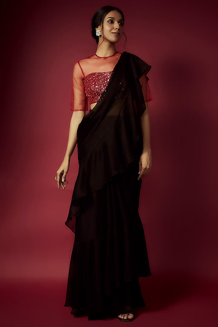 Black Recycled Satin Pre-Draped Saree Set