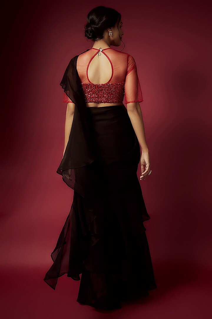 Black Recycled Satin Pre-Draped Saree Set