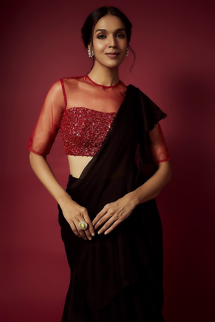 Black Recycled Satin Pre-Draped Saree Set