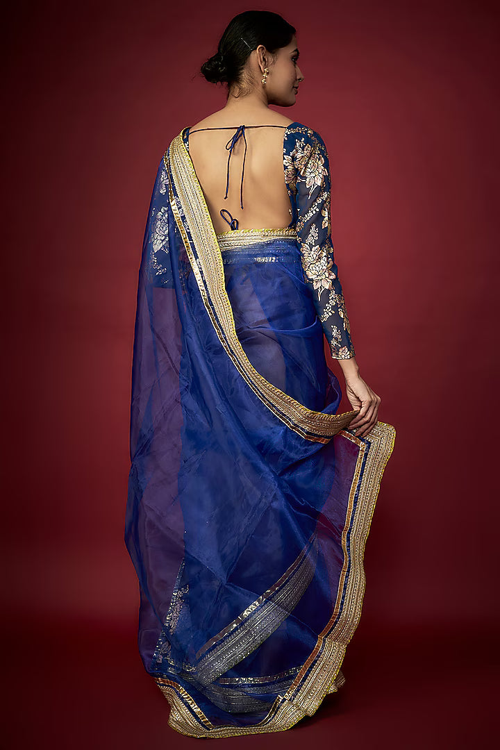 Navy Blue Organza Gota Saree Set