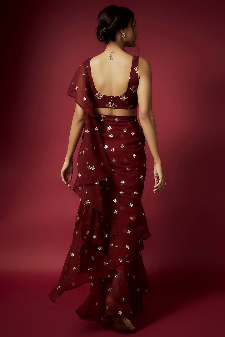 Maroon Recycled Polyester Pre-Draped Sequins Saree Set