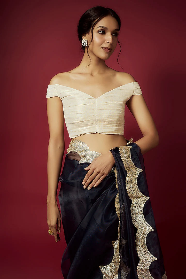 Navy Blue Organza Scalloped Saree Set