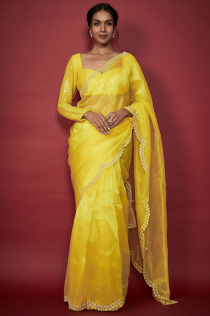 Lemon Yellow Recycled Satin Zardosi Embroidered Saree Set