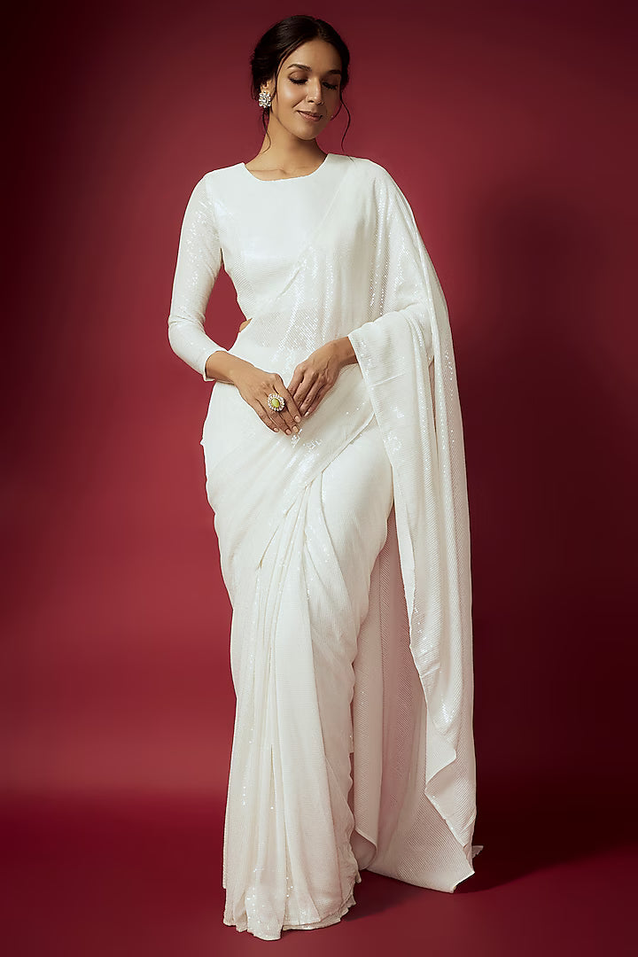 White Recycled Polyester Sequins Pre-Draped Saree Set