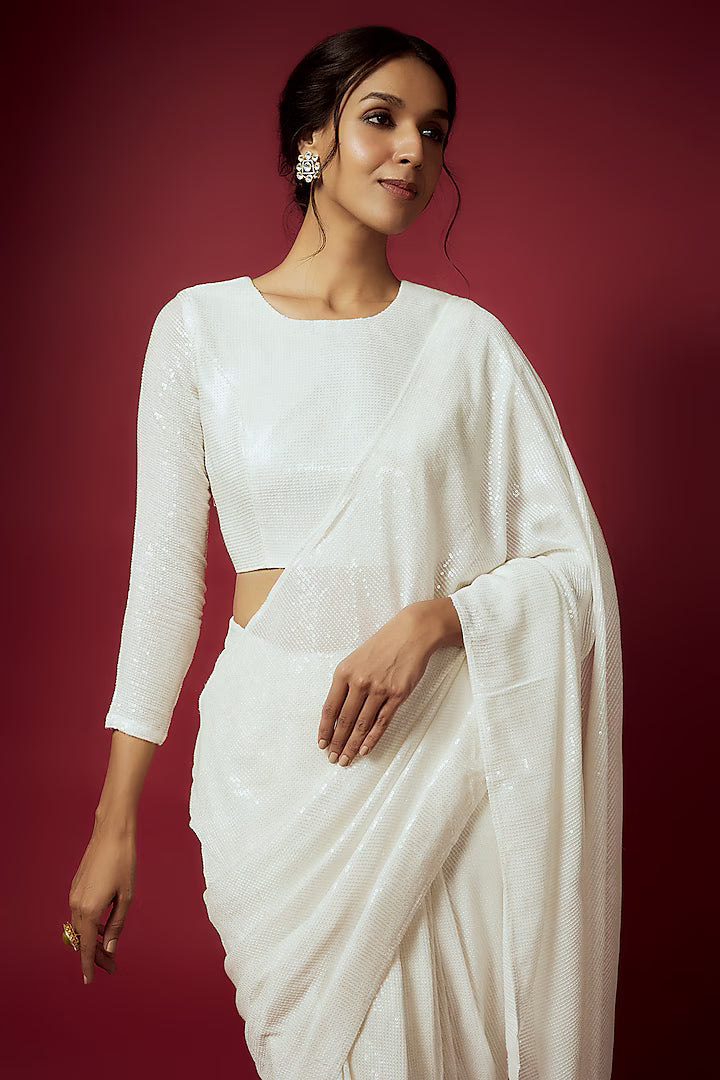 White Recycled Polyester Sequins Pre-Draped Saree Set