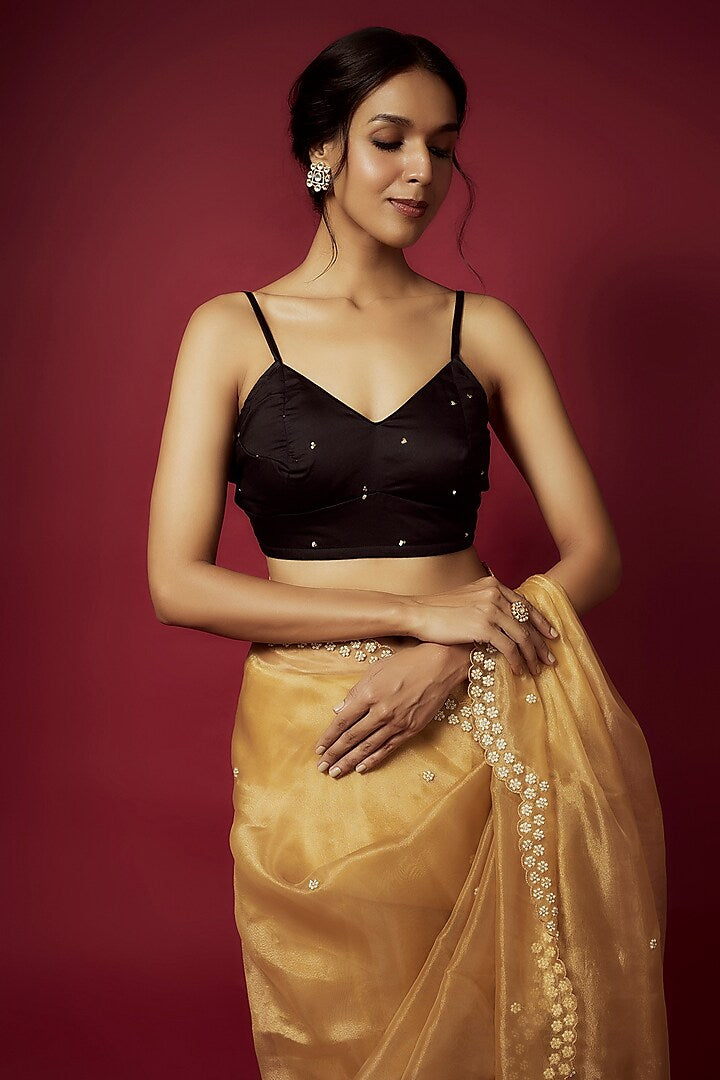 Golden Organza Zardosi Work Scalloped Saree Set