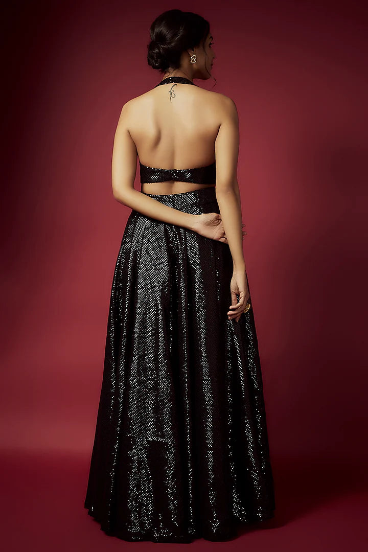 Black Recycled Polyester Sequins Lehenga Set
