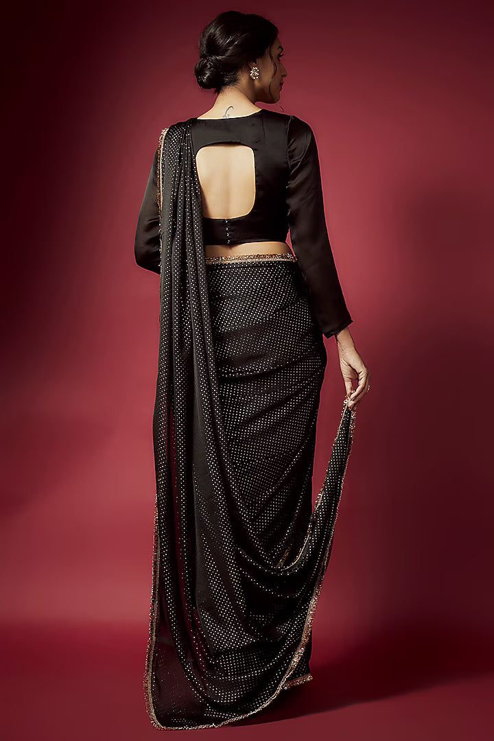 Black Recycled Polyester Gota Shimmer Fringed Saree Set