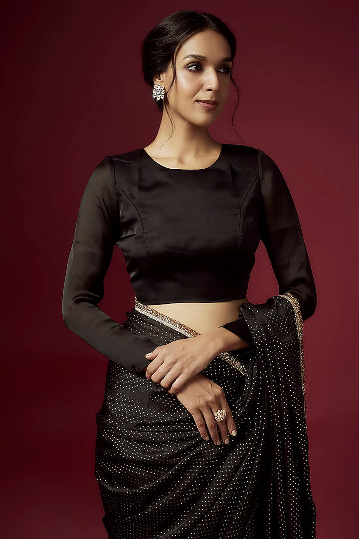 Black Recycled Polyester Gota Shimmer Fringed Saree Set