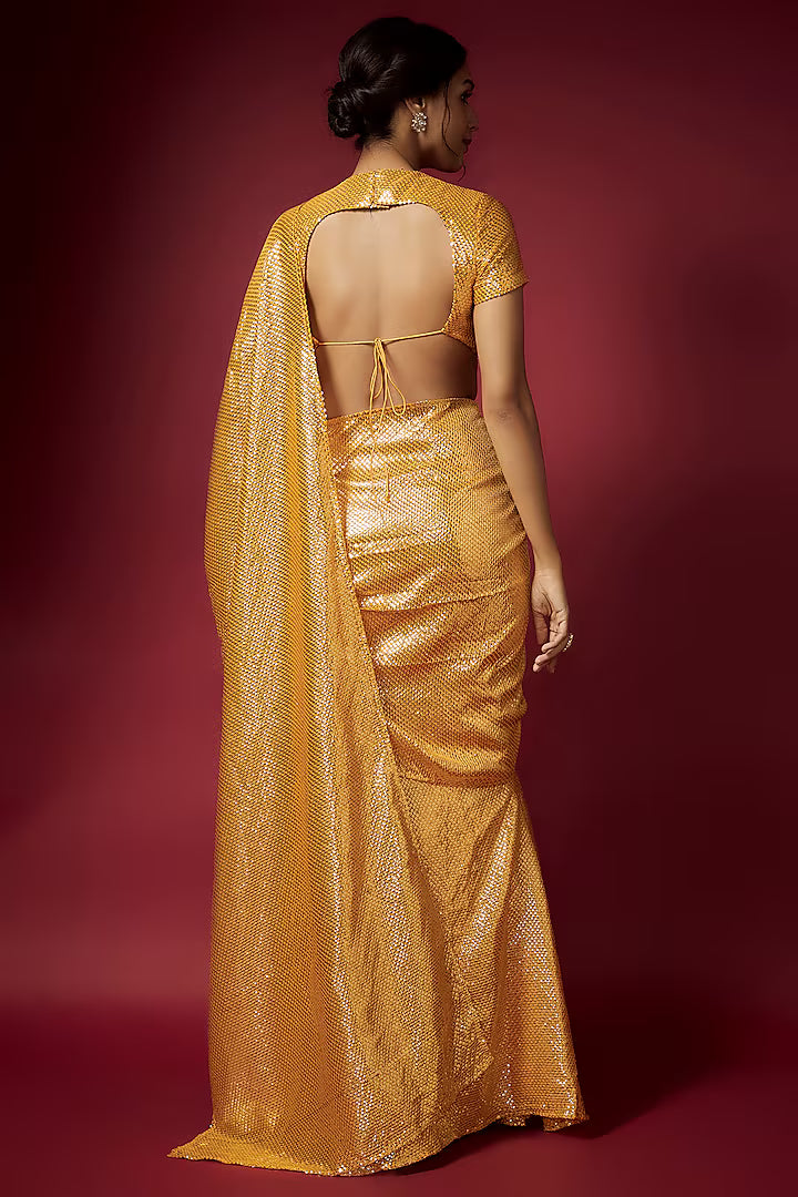Mango Yellow Recycled Polyester Sequins Pre-Draped Saree Set