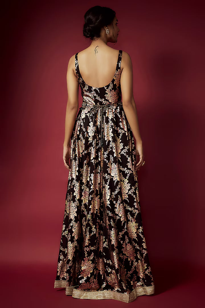 Black Recycled Polyester Foil Printed Gown With Belt