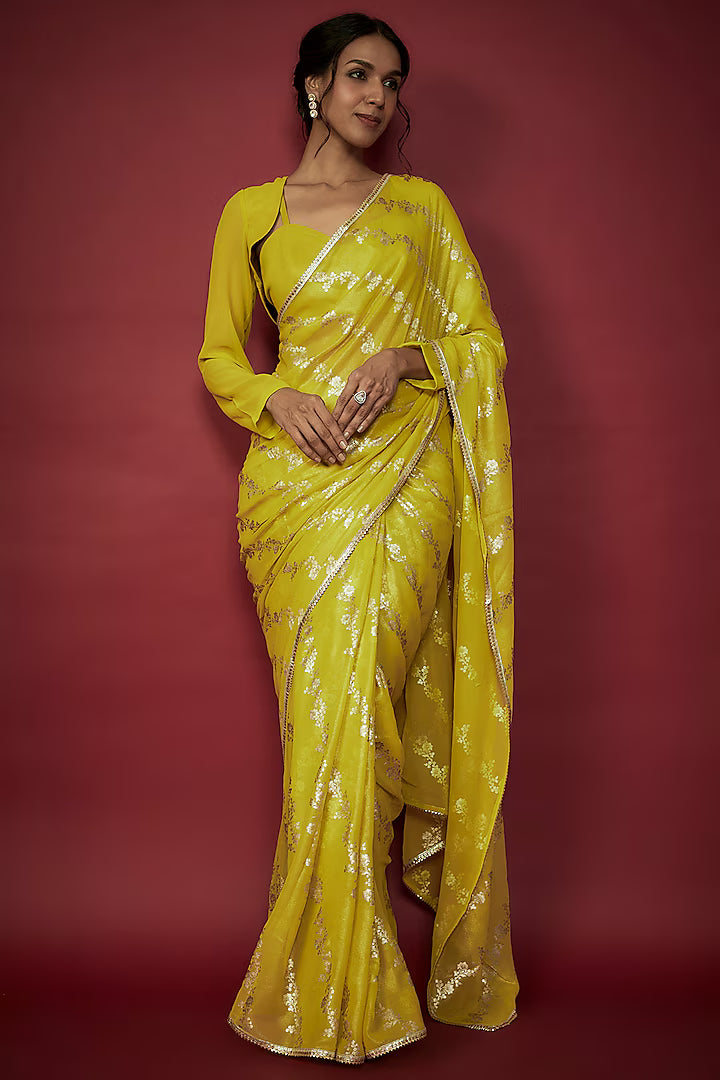 Lime Recycled Polyester Leheriya Foil Printed Saree Set