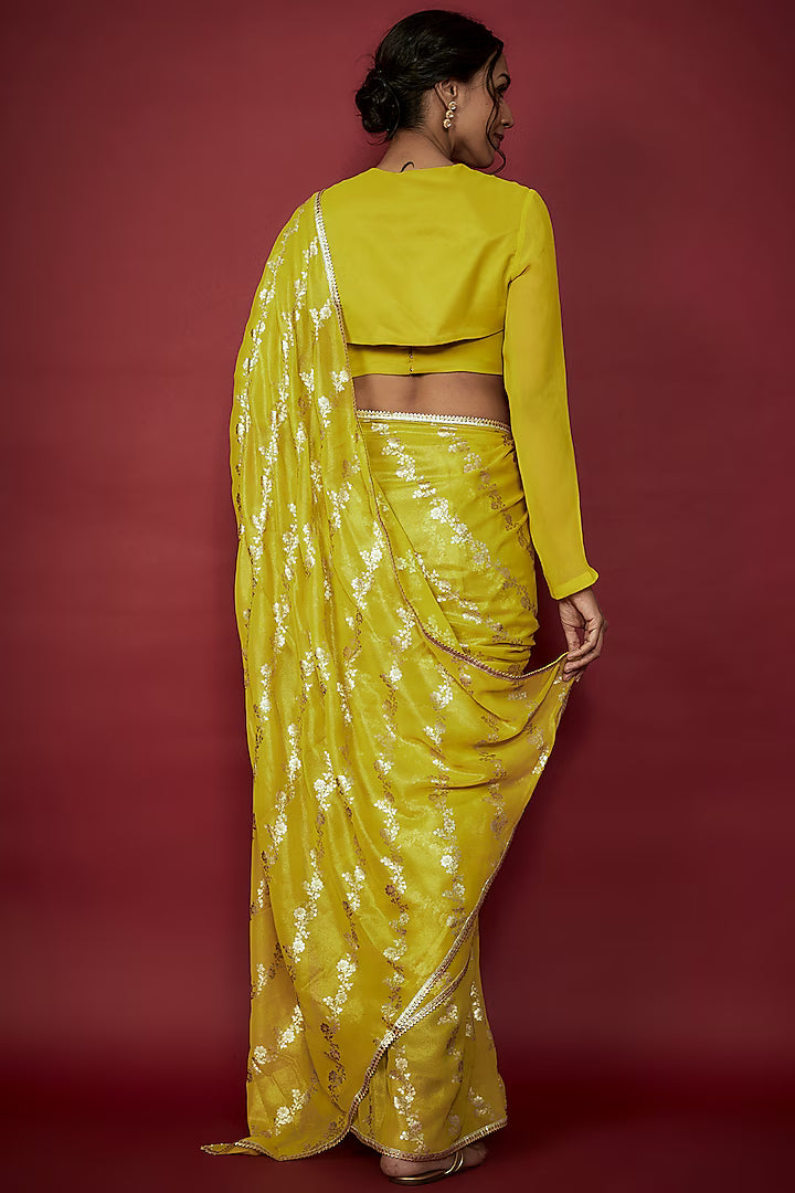 Lime Recycled Polyester Leheriya Foil Printed Saree Set