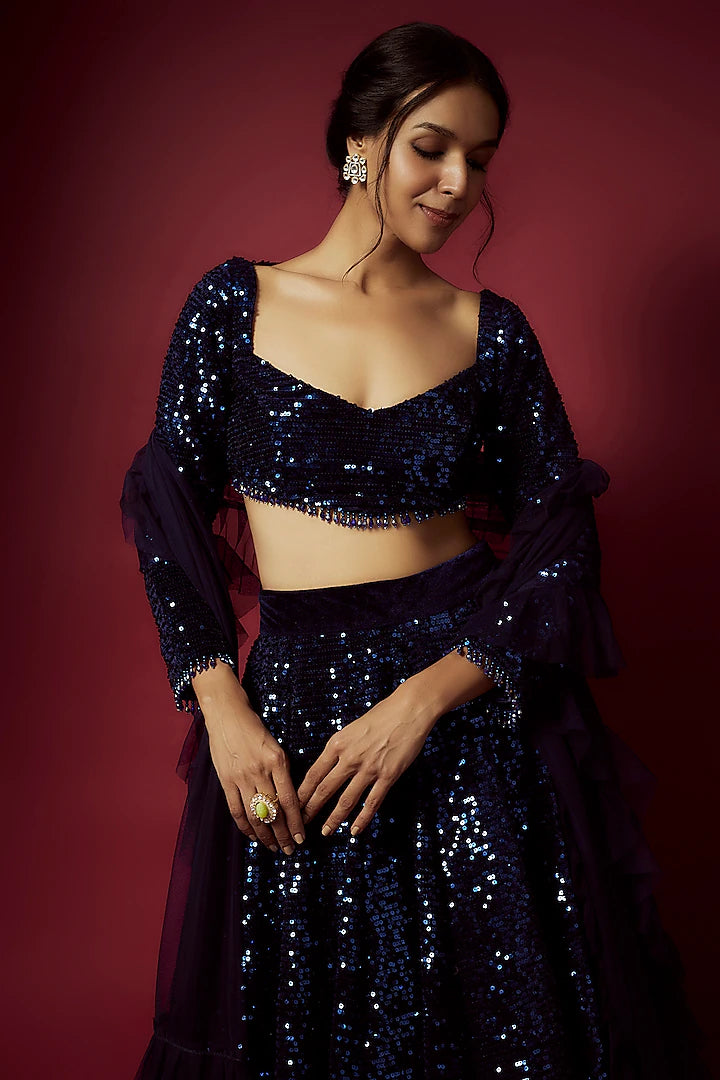 Navy Blue Recycled Polyester Sequins Lehenga Set