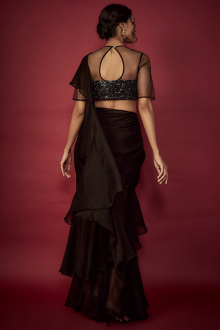 Black Satin Georgette Ruffled Pre-Draped Saree Set