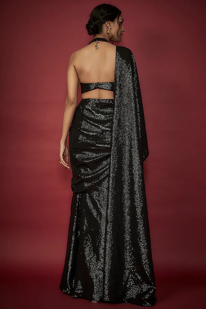 Black Recycled Polyester Sequin Embroidered Pre-Draped Saree Set