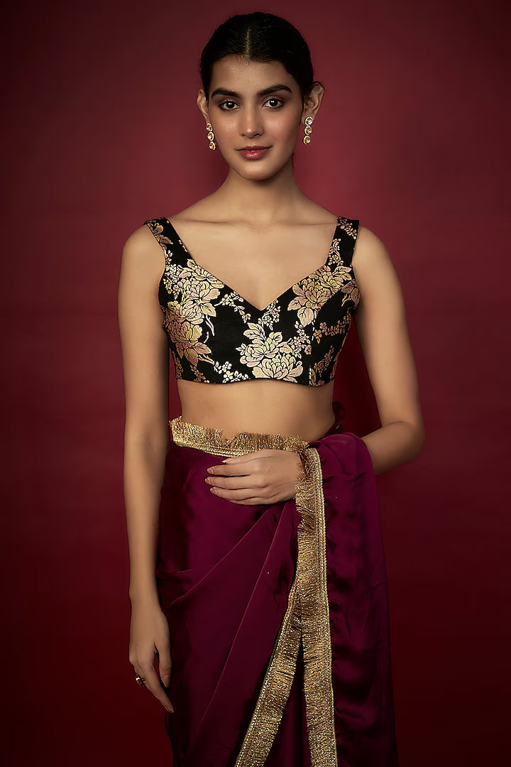 Purple Recycled Polyester Gota Fringed Saree Set