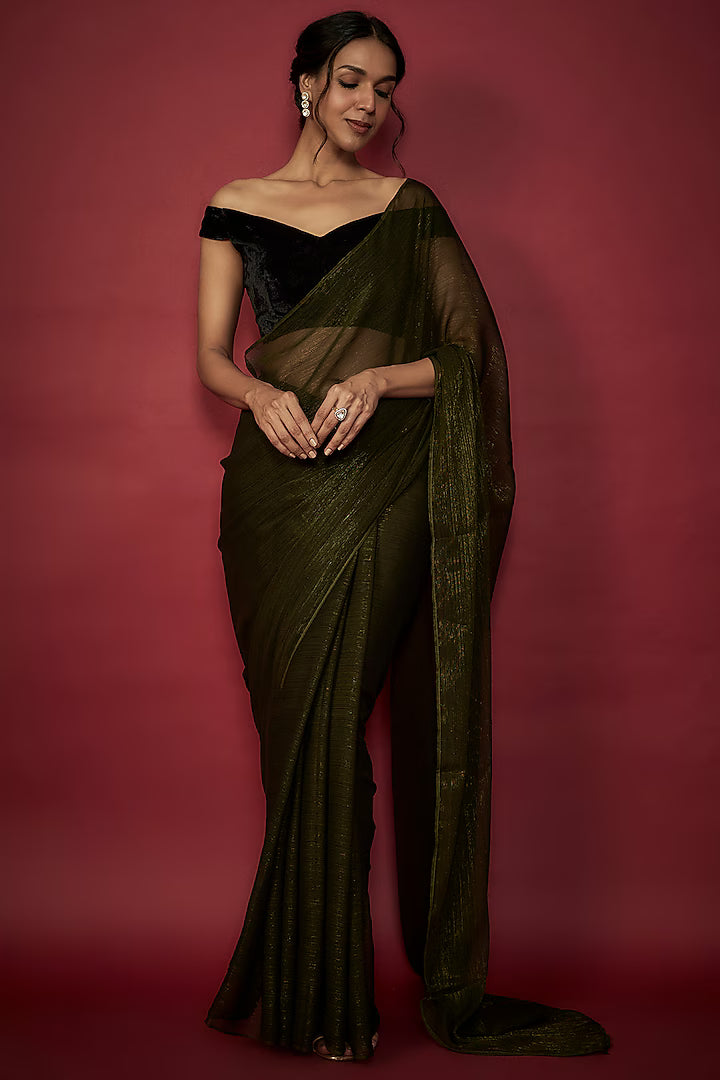Olive Green Chiffon Zari Embroidered Saree Set
