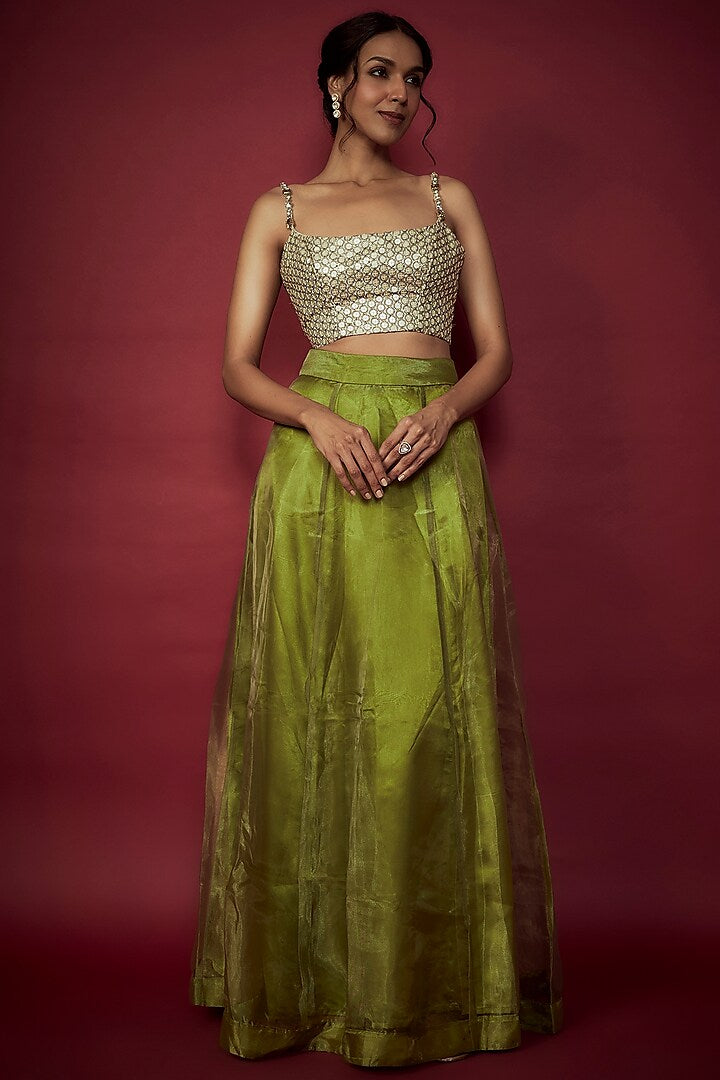 Olive Green Organza Lehenga Set