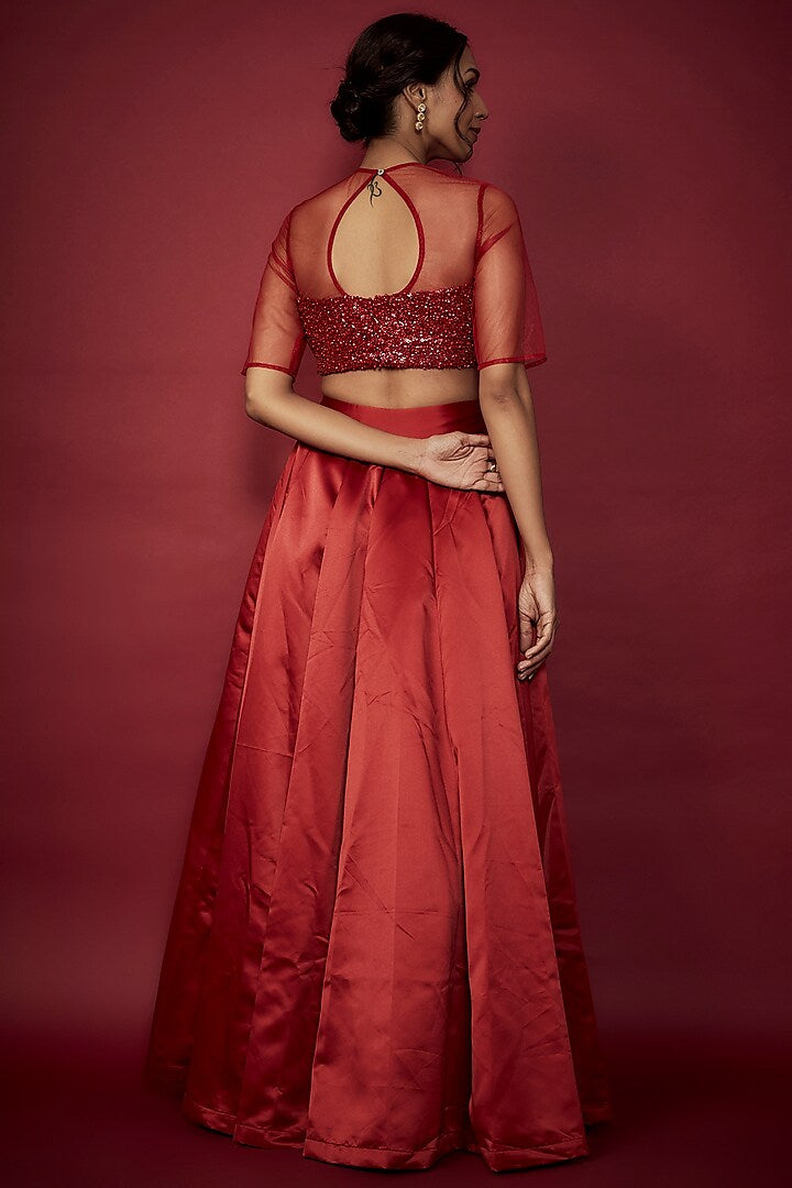 Deep Red Heavy Satin Lehenga Set