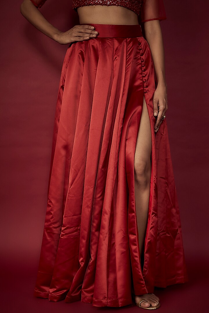 Deep Red Heavy Satin Lehenga Set