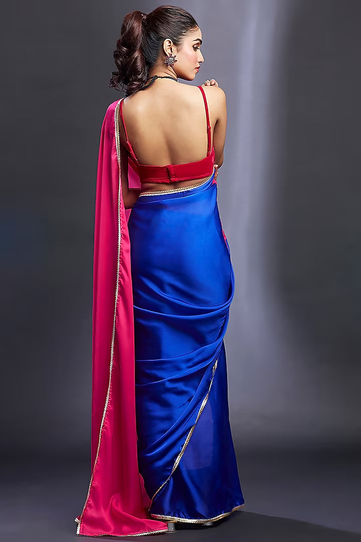 Electric Blue & Rani Satin Embellished Color-Blocked Saree Set