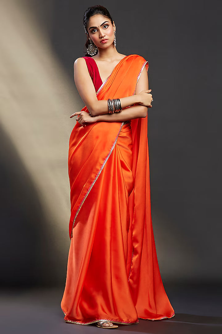 Orange Satin Embellished Saree Set