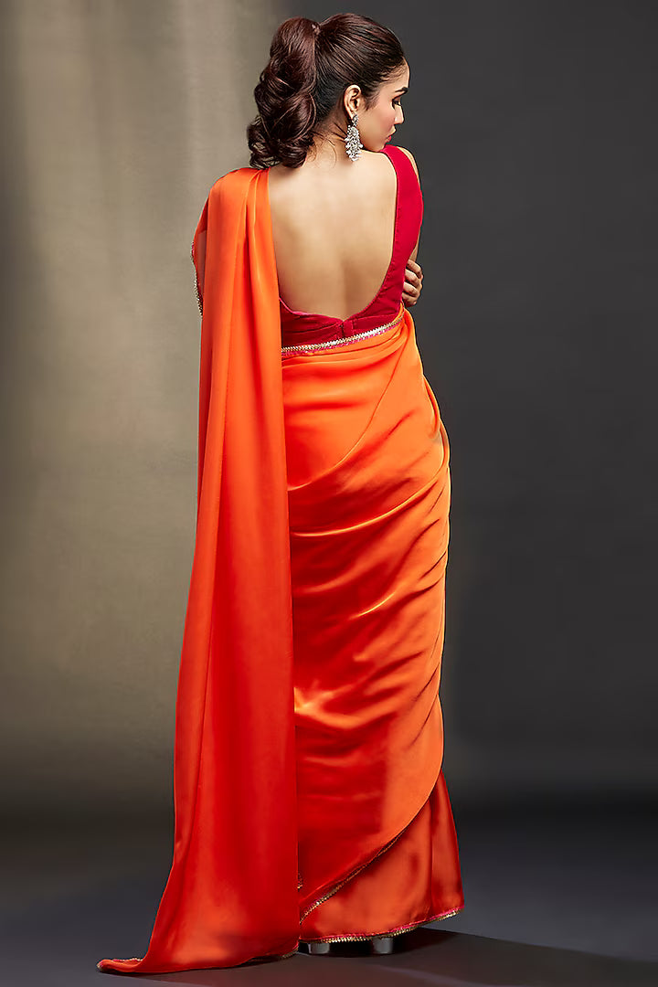 Orange Satin Embellished Saree Set