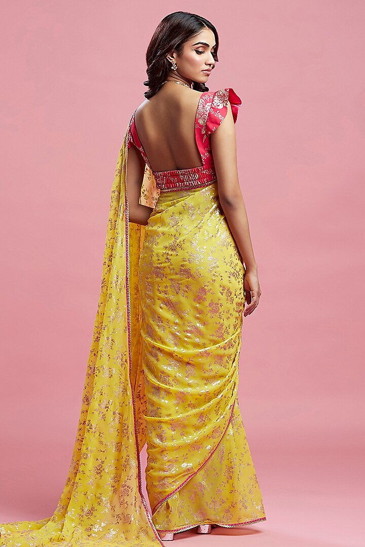 Yellow Georgette & Recycled Polyester Barfi Saree Set