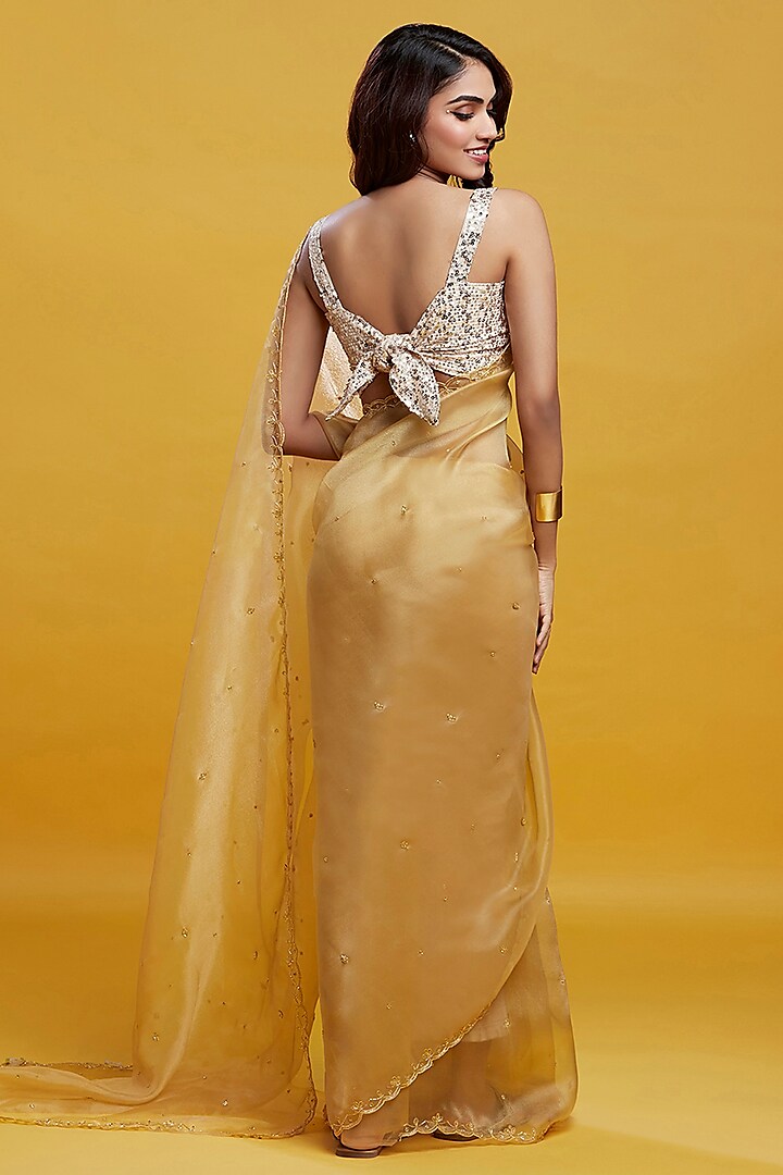 Gold Organza Crystal & Boota Embroidered Saree Set
