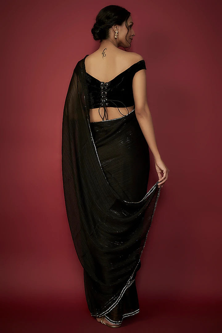 Black Chiffon Crystal Embroidered Saree Set