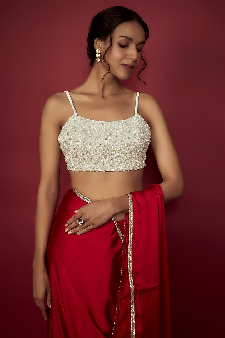 Red Satin Georgette Gota Saree Set