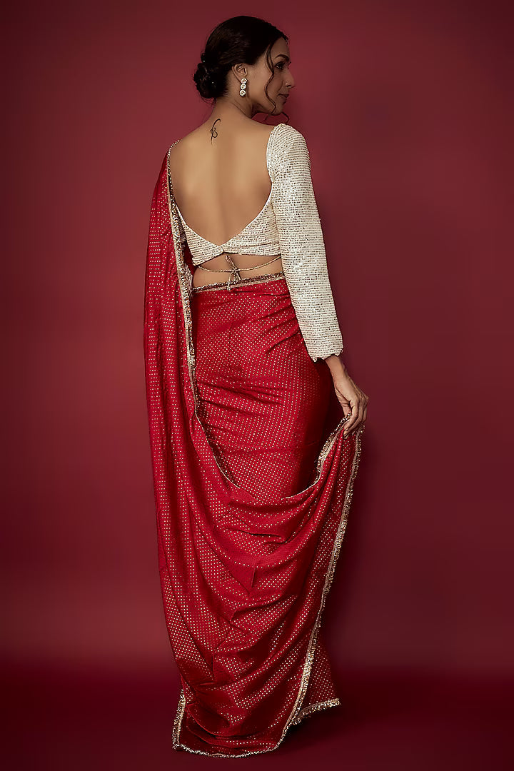 Red Recycled Polyester Gota Saree Set