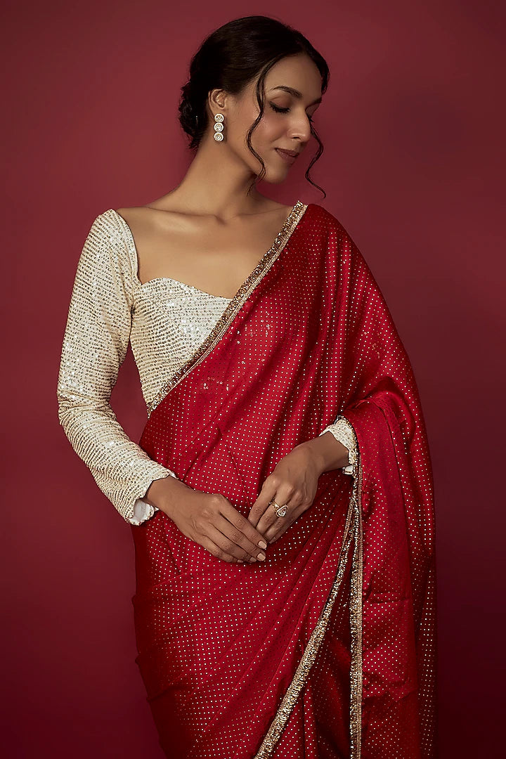 Red Recycled Polyester Gota Saree Set