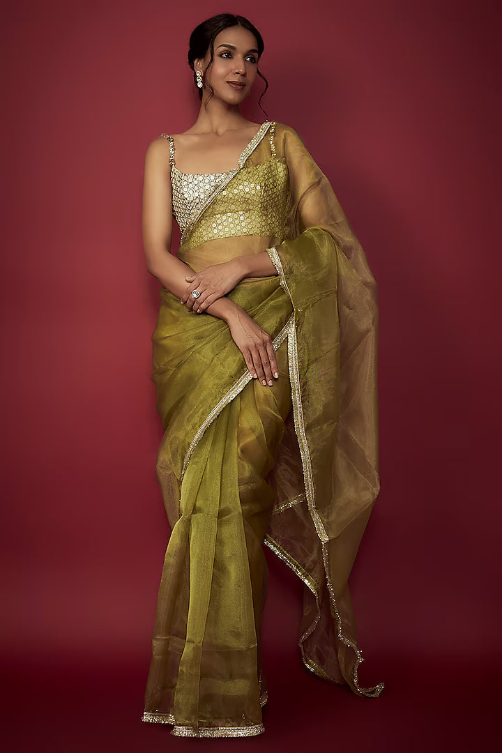 Olive Green Organza Gota Saree Set