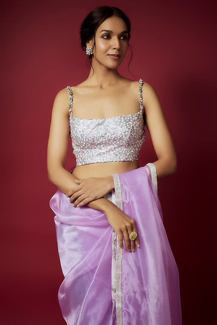 Lilac Organza Pre-Draped Saree Set