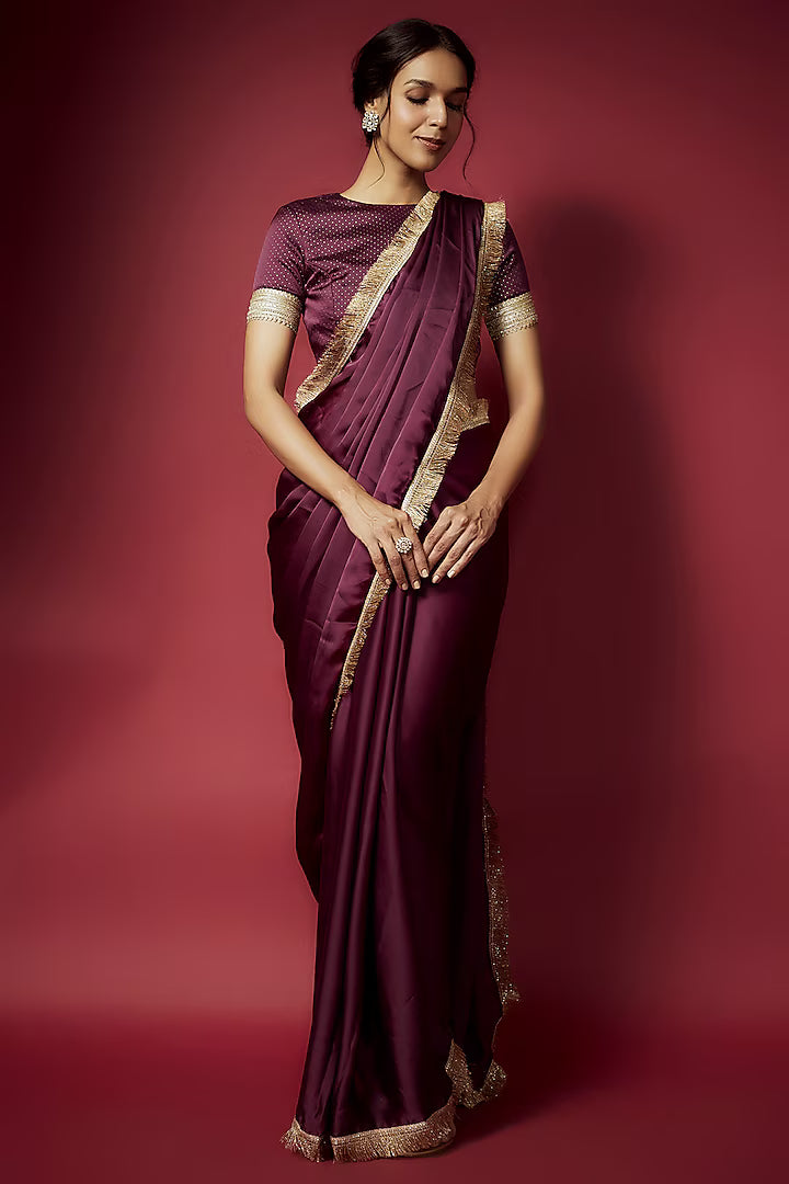 Purple Recycled Polyester Pre-Draped Saree Set