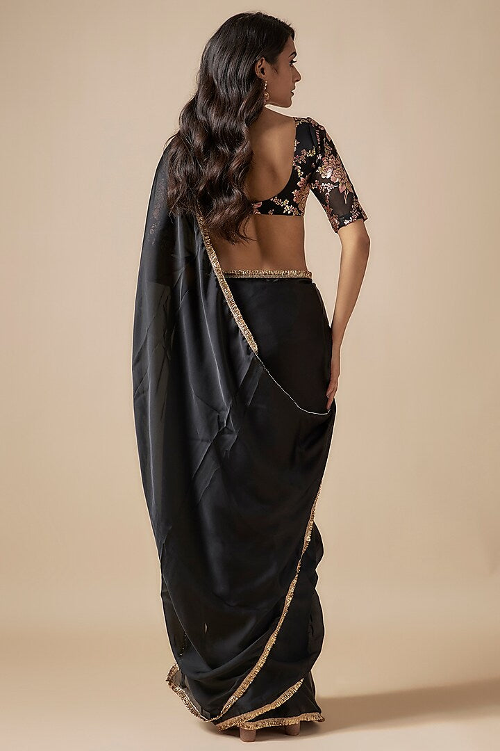 Black Satin Georgette Metallic Embroidered Pre-Draped Saree Set