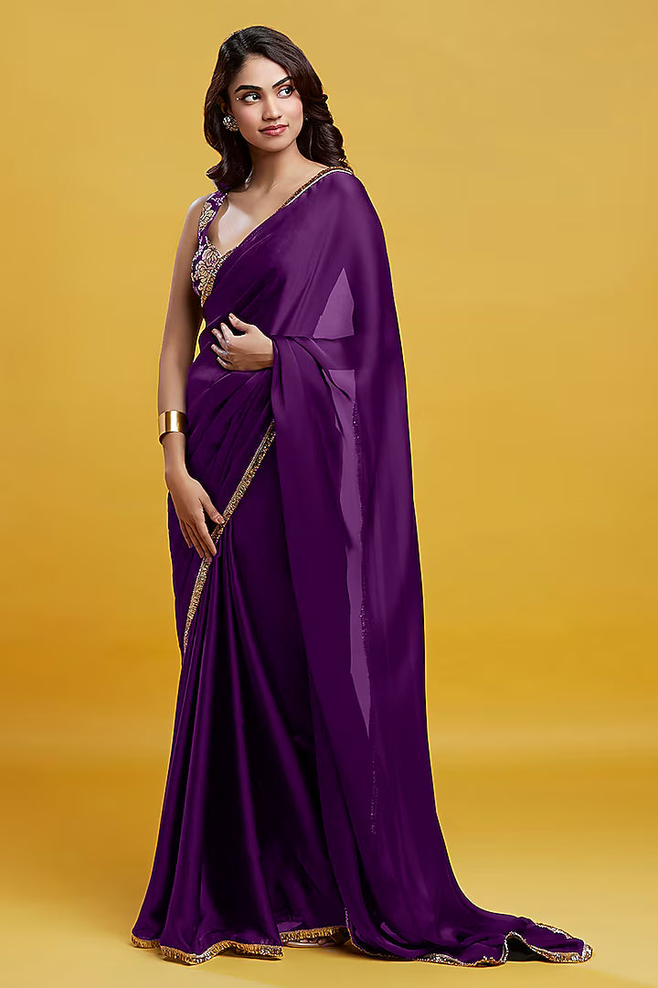Purple Satin Georgette Pre-Draped Saree