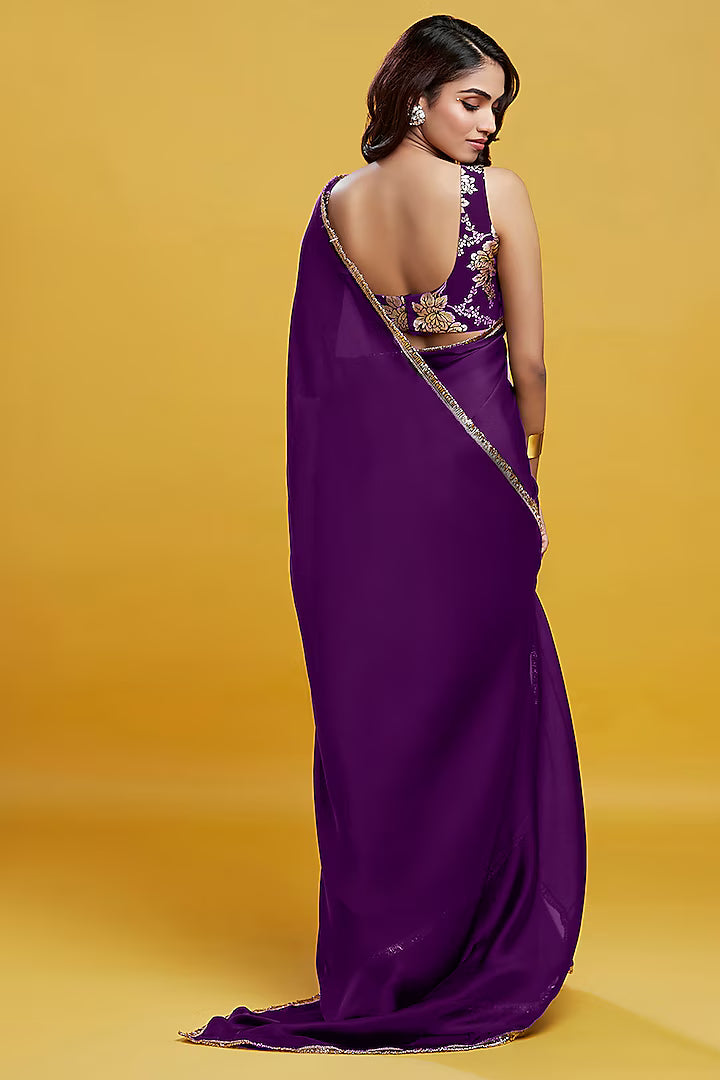 Purple Satin Georgette Pre-Draped Saree