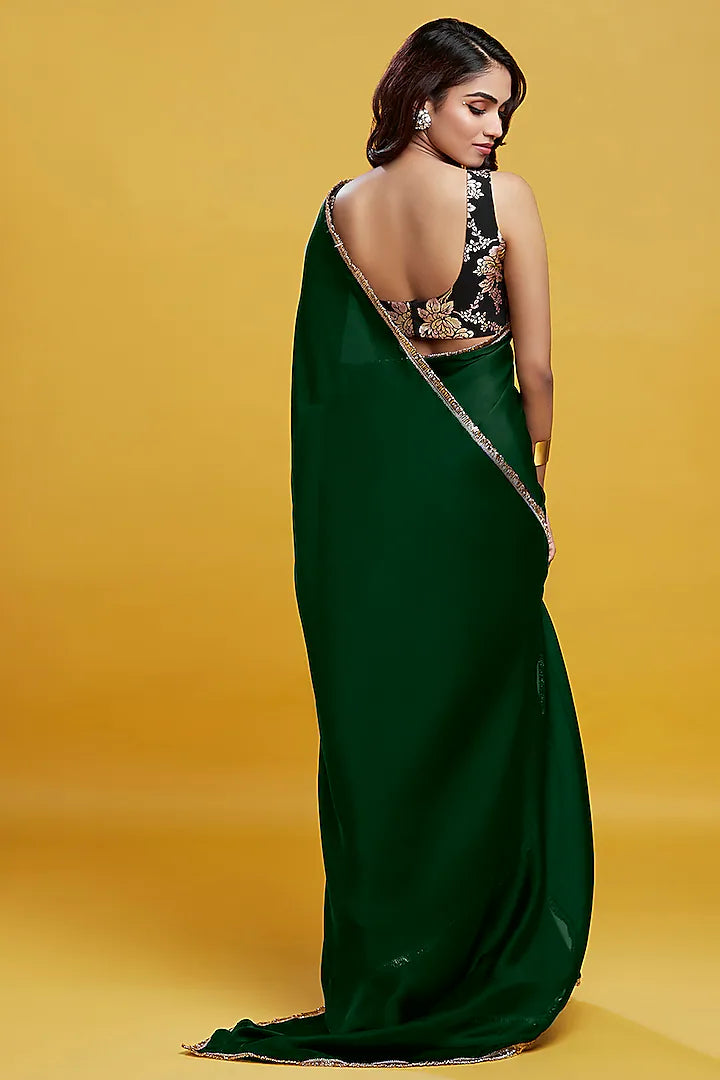 Emerald Green Satin Georgette Pre-Draped Saree Set