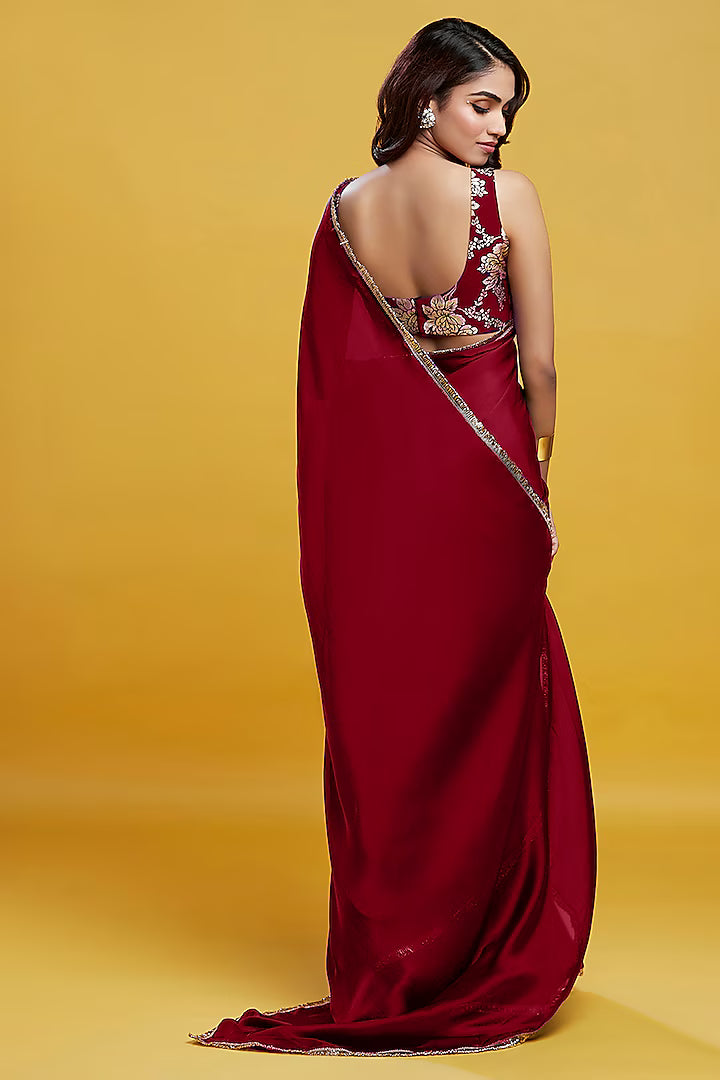 Maroon Satin Georgette Pre-Draped Saree Set