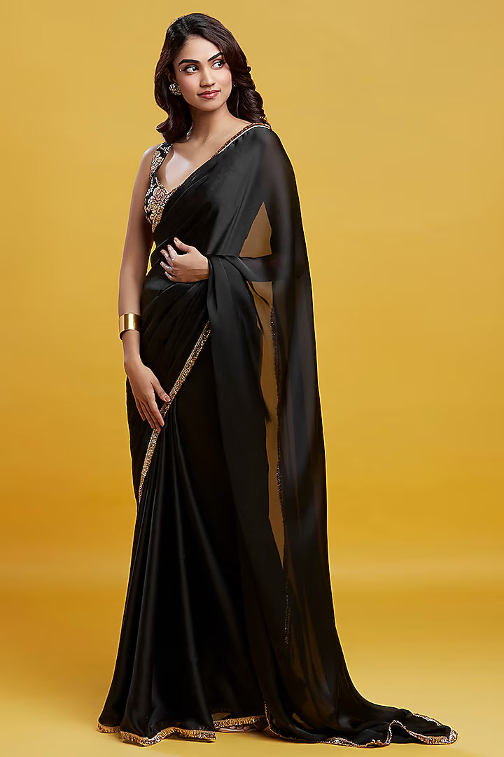 Black Satin Embroidered Pre-Draped Saree Set
