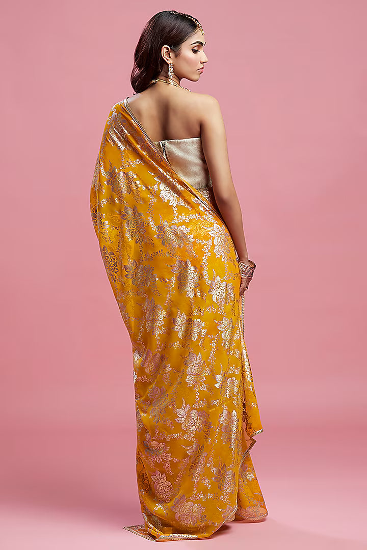 Mustard Georgette & Recycled Polyester Pre-Draped Saree Set