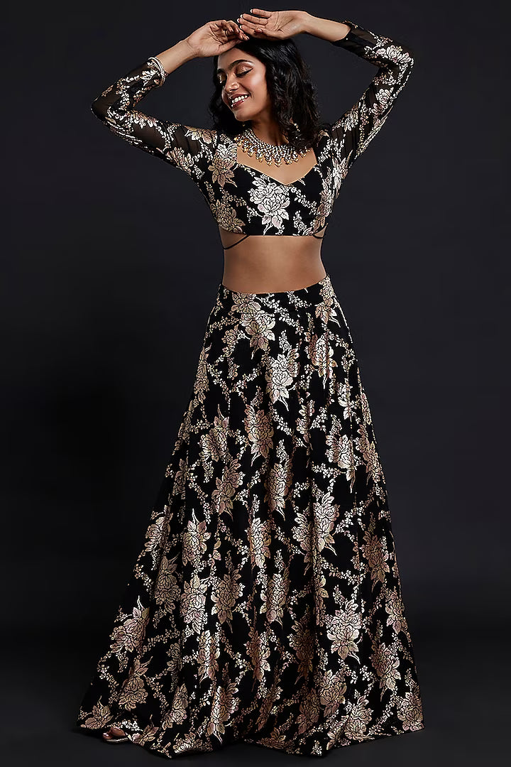 Black Recycled Polyester Lehenga Set